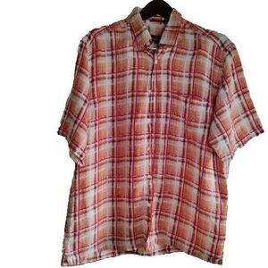 Bugatchi Uomo Linen Men L‎ Orange Plaid Button Down Short Sleeve Coastal Shirt